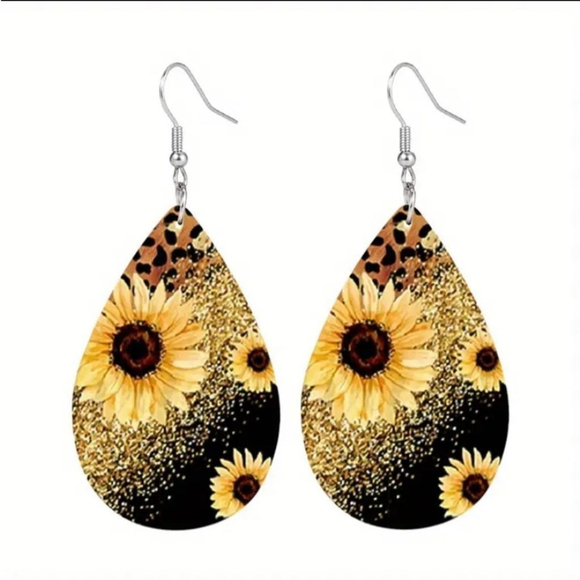 SUNFLOWER LEOPARD PRINT FAUX LEATHER TEARDROP EARRINGS - Picture 3 of 6